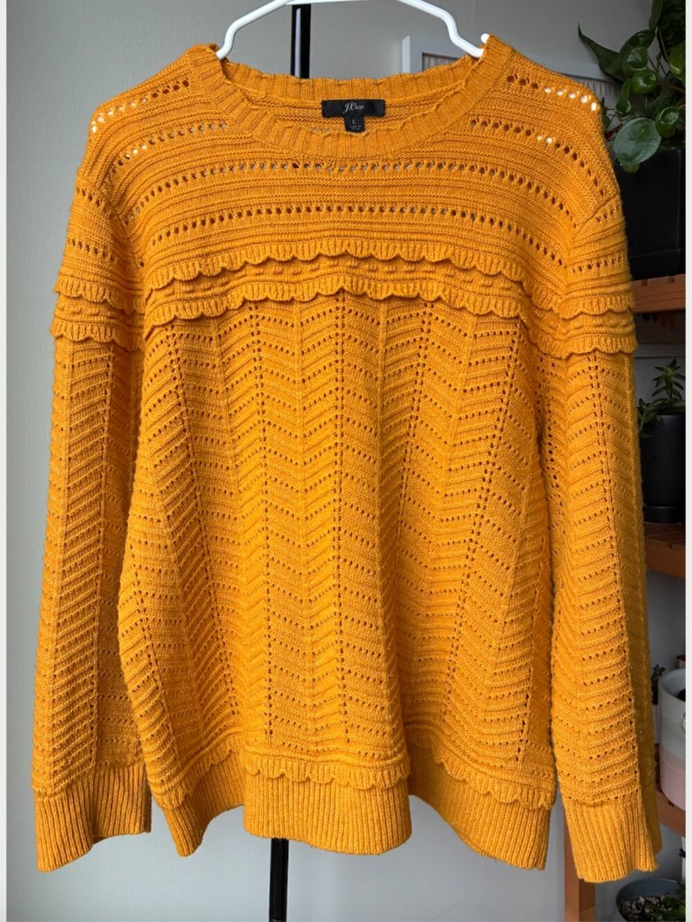 J. Crew Yellow Crewneck Scalloped Pointelle Sweater - Size L